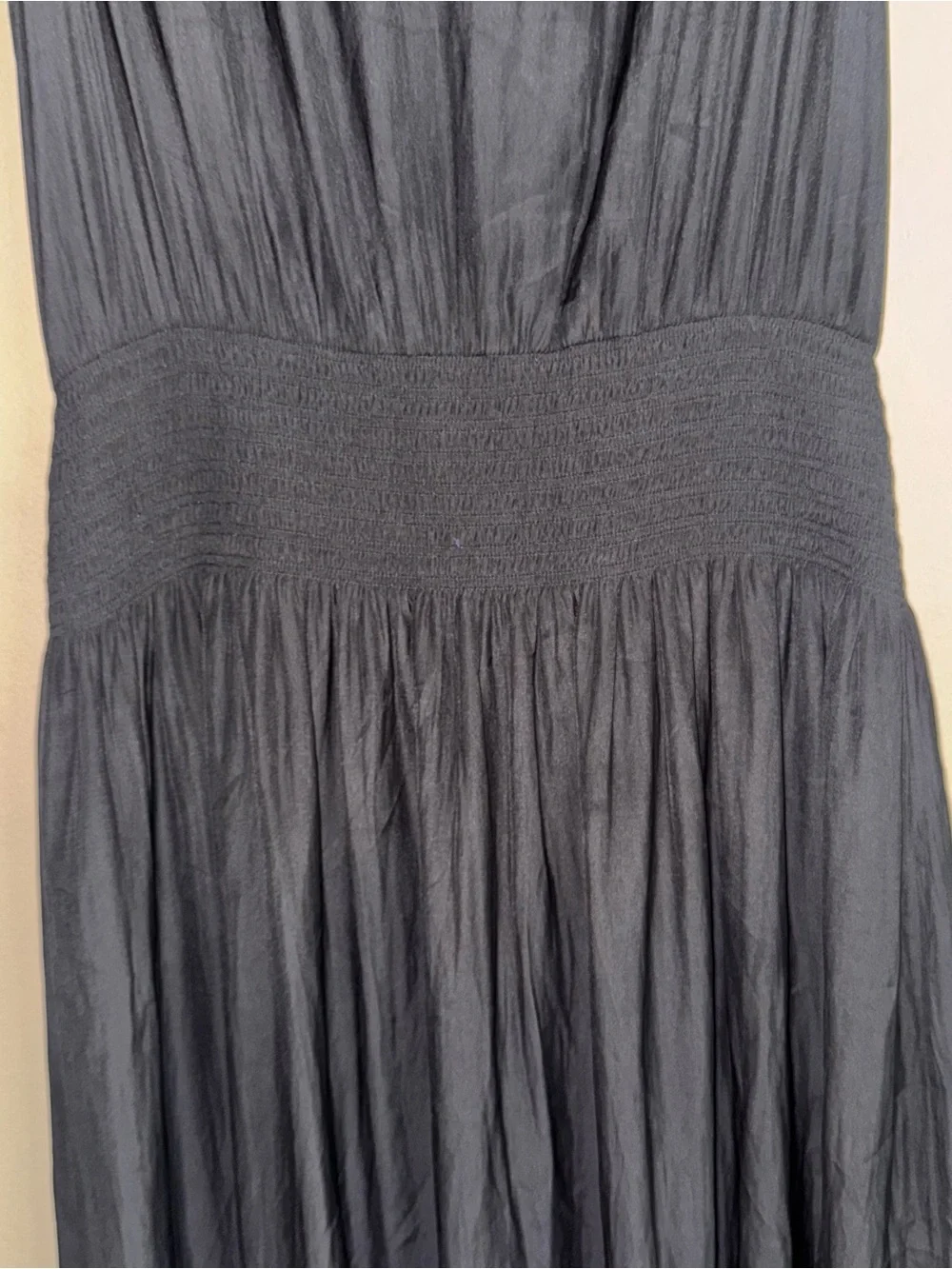 RAMY BROOK Black V Neck Smock Waist Midi Flutter Sleeve Satin Dress Size L